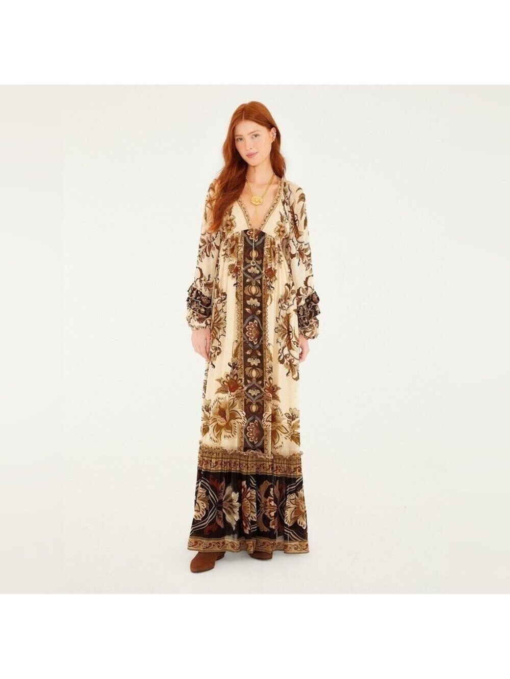 Farm Rio Sand Majestic Garden Ruffled Maxi Dress